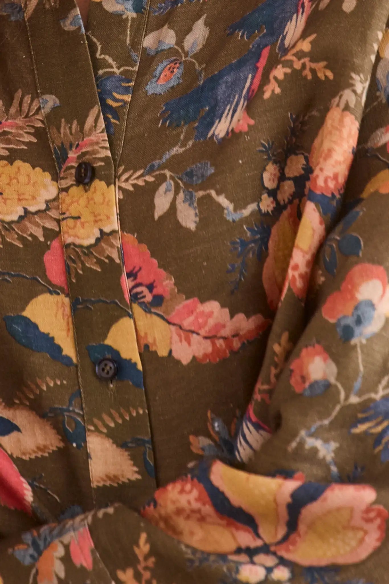 Close-up of a floral patterned fabric with a focus on colors and textures.