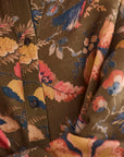 Close-up of a floral patterned fabric with a focus on colors and textures.