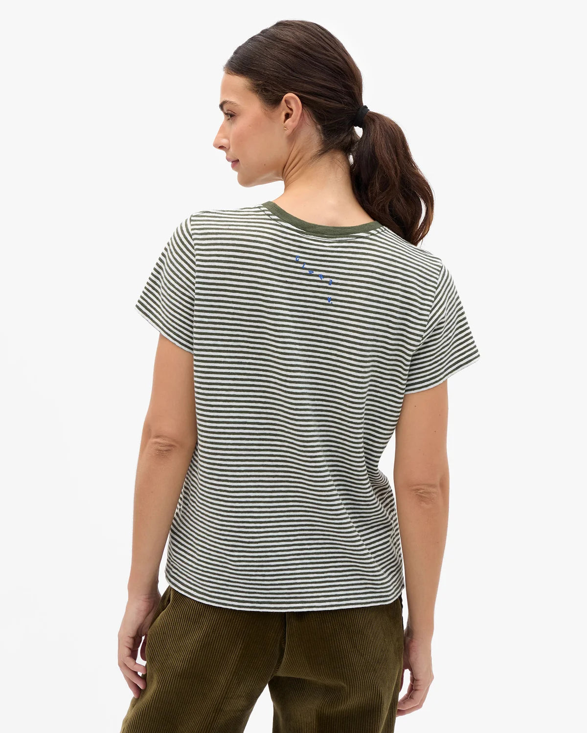 model wearing a striped tee 