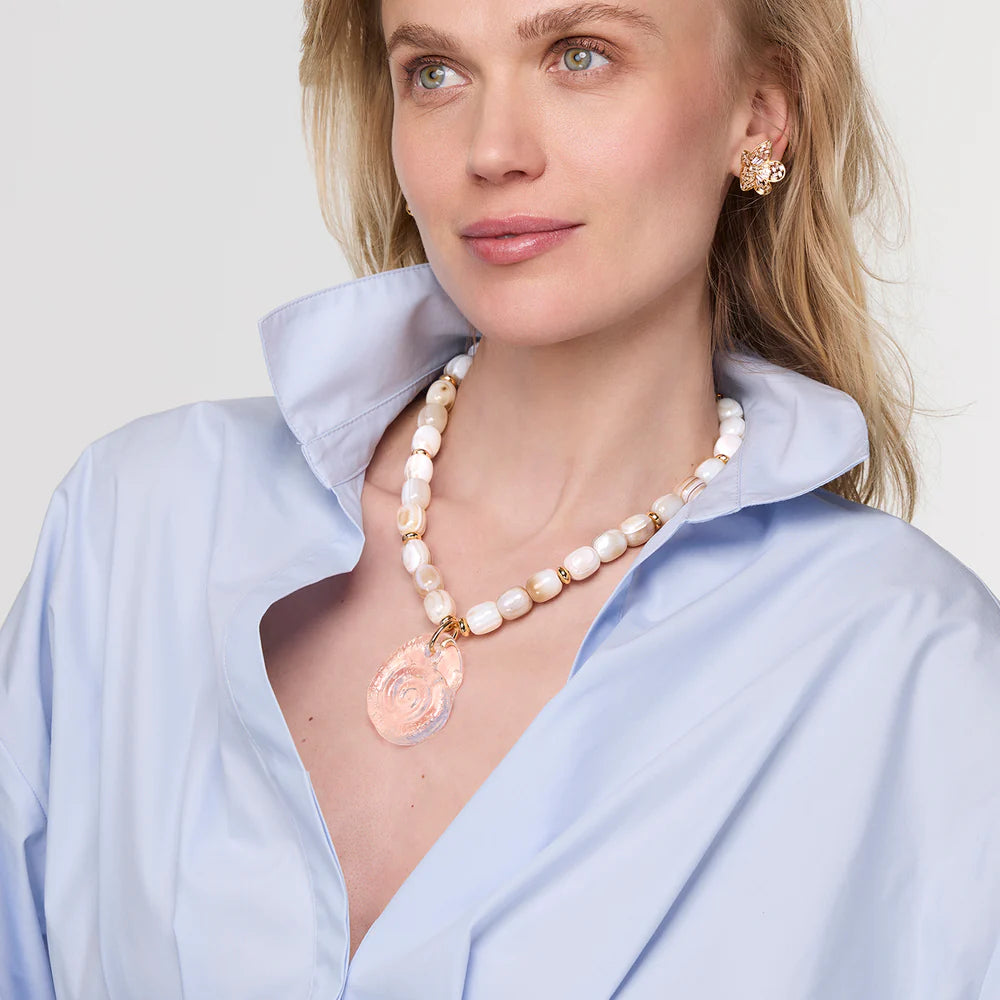 Claudia Necklace on model with blue collared shirt