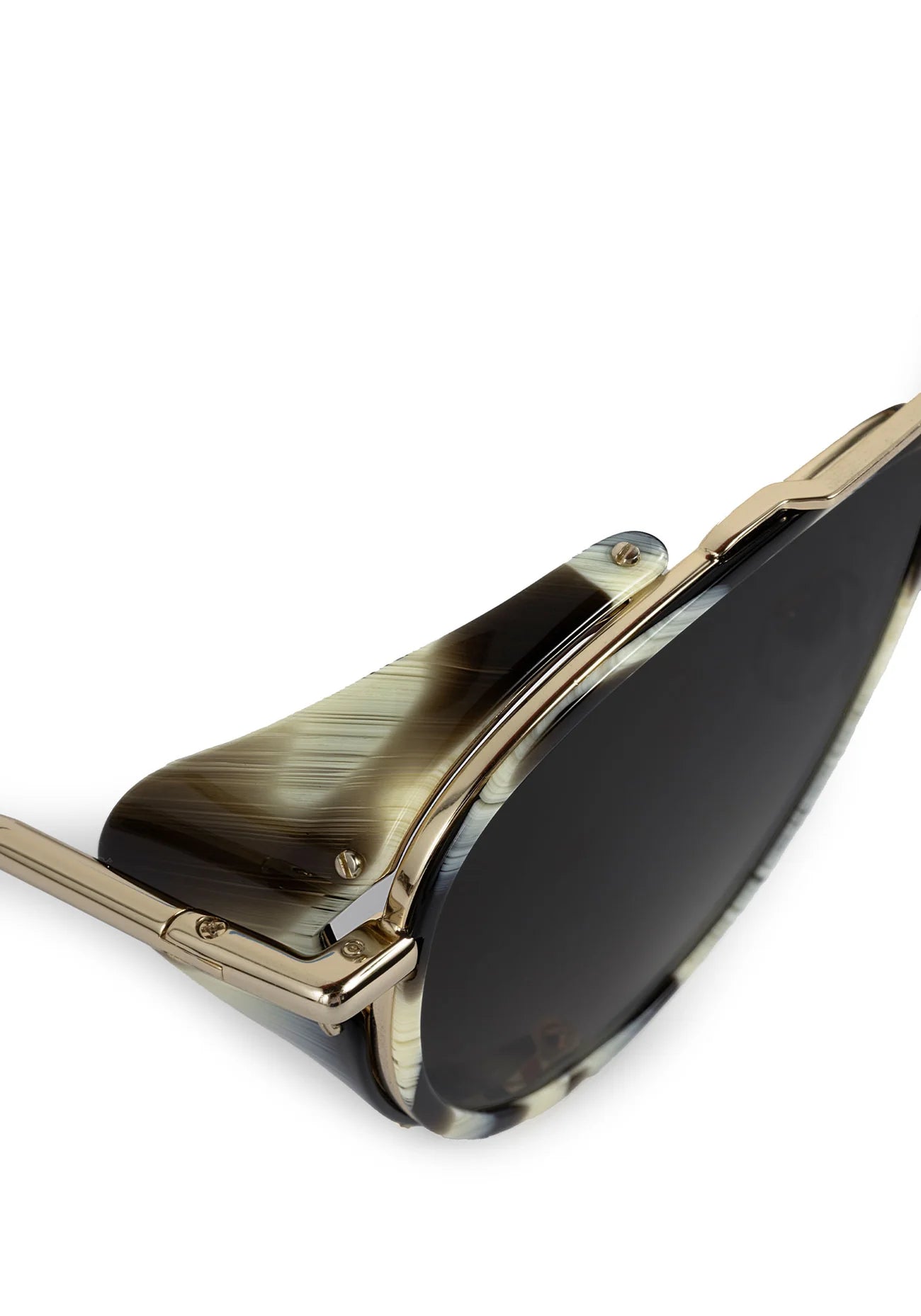 Sunglasses with gold frame and black lenses on a white background
