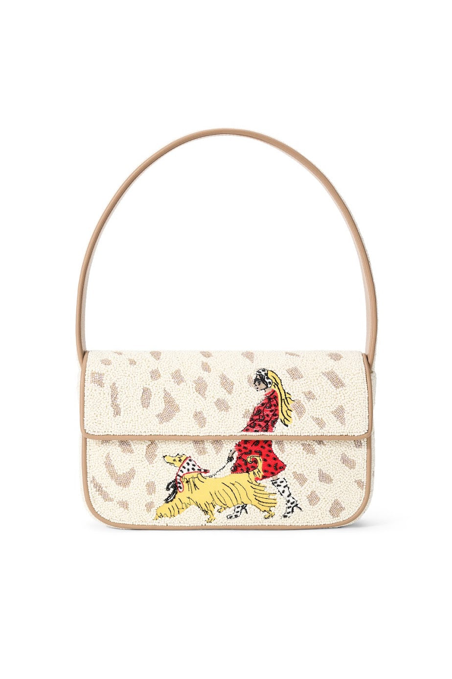 A beige textured shoulder bag with a tan leather handle, featuring a printed beige leopard print pattern and a colorful illustration of a woman in a red dress riding a yellow dog on the front flap.