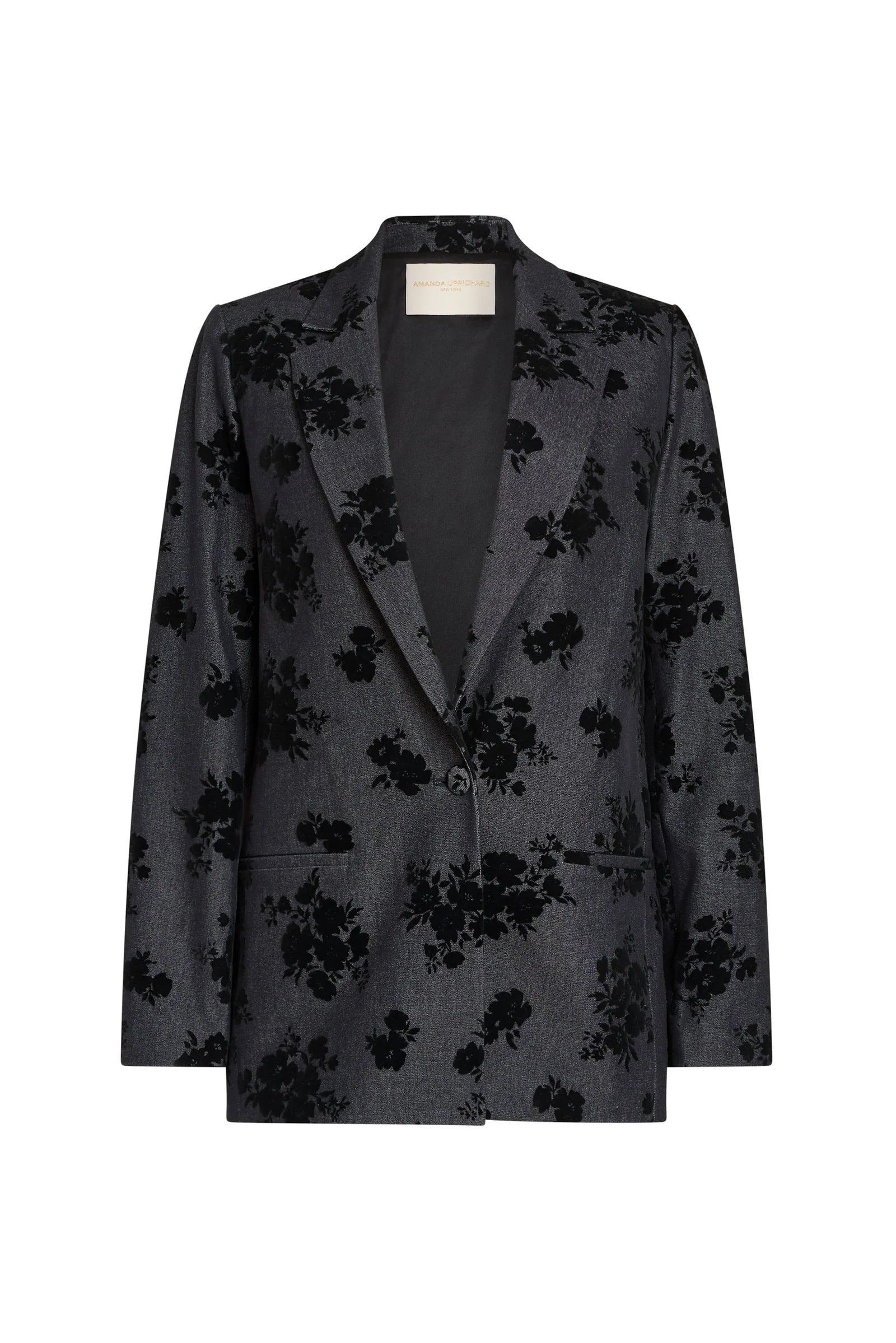 Dark floral patterned blazer on a white background