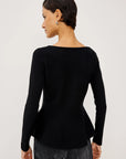 model wearing a black button down peplum caridgan with jeans on a grey background from the back 