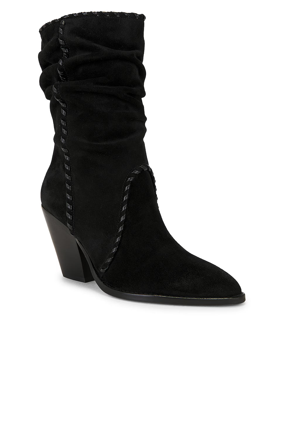 Black ankle boot with a pointed toe and block heel on a white background