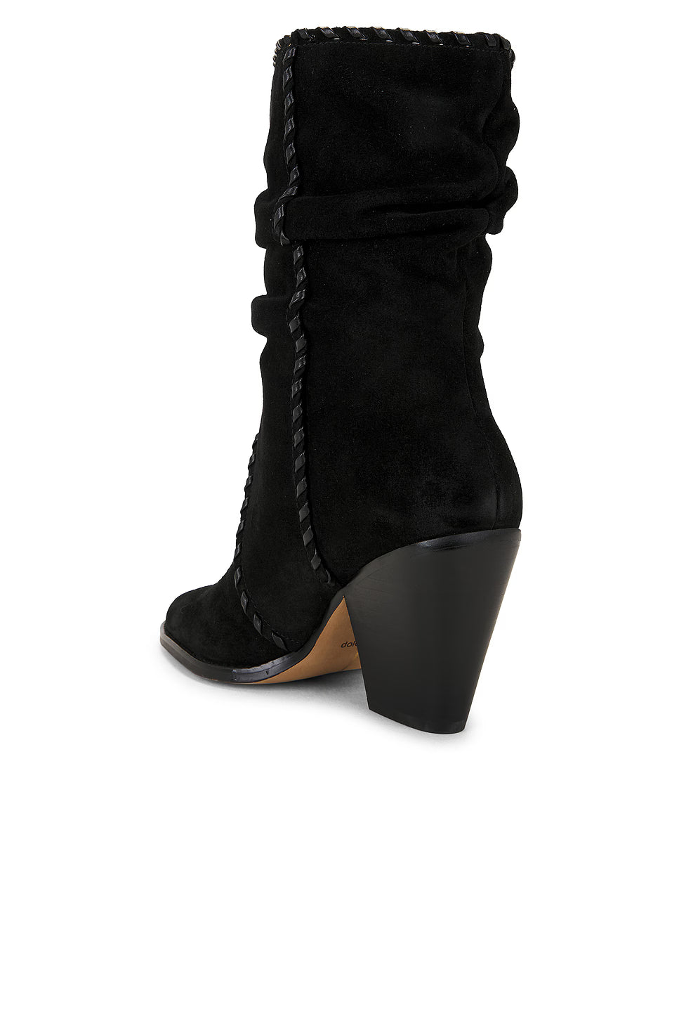 Black boot with a chunky heel on a white background