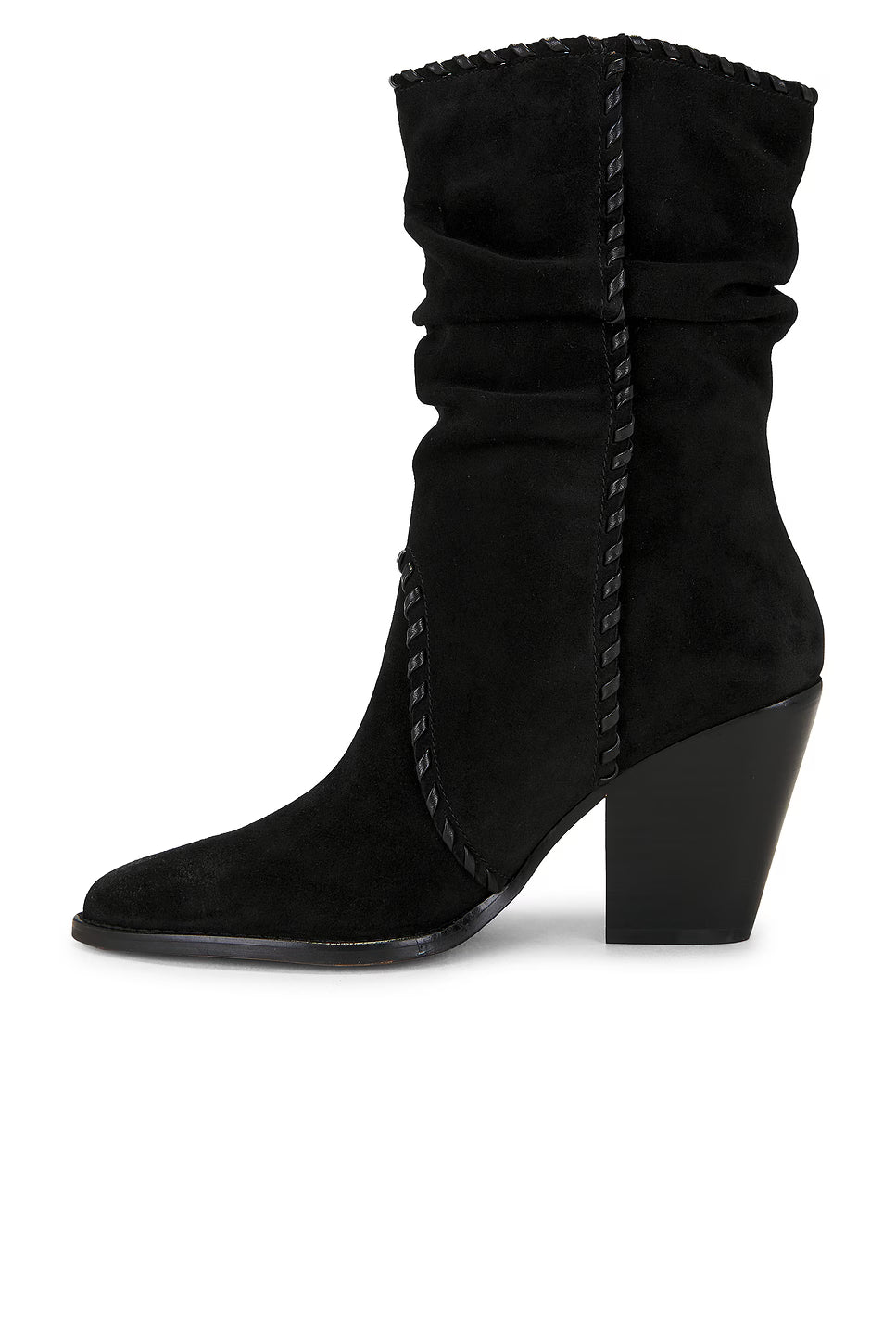 Black suede boot with a block heel on a white background