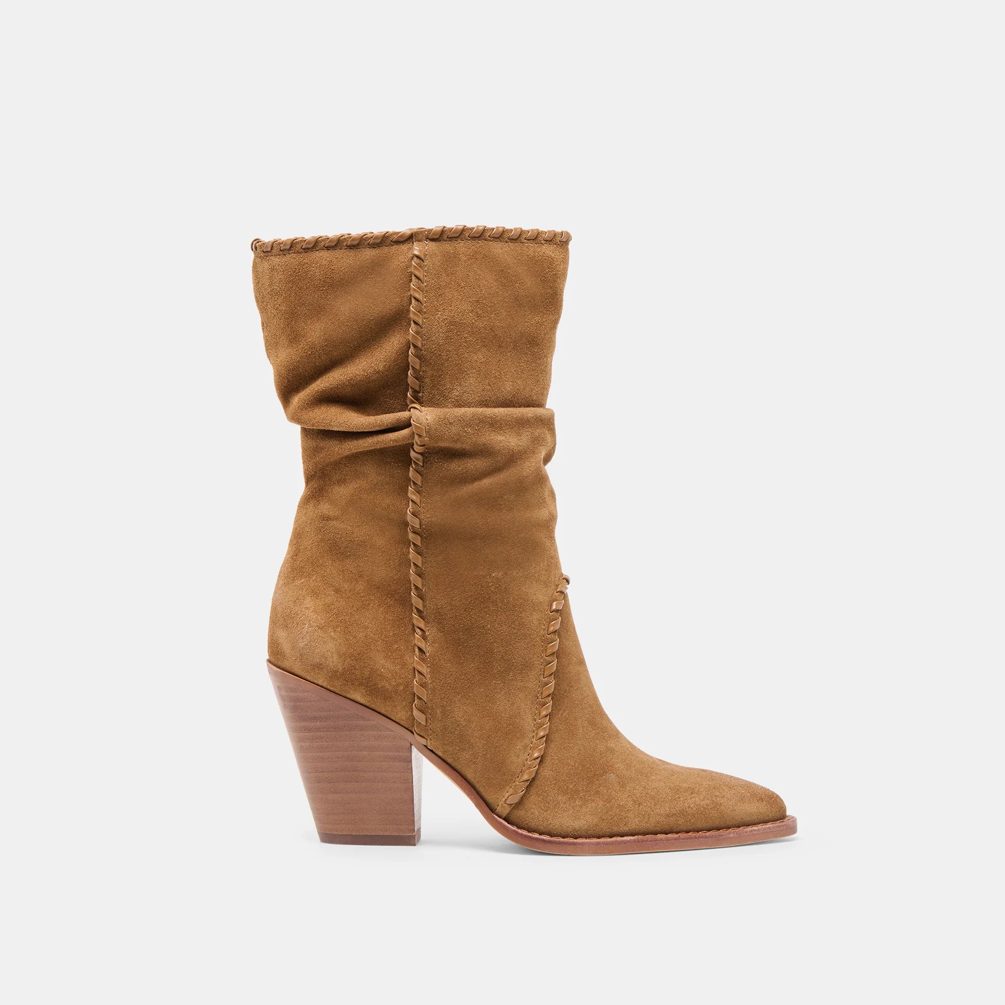 Brown suede boot with a block heel on a light gray background