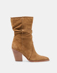 Brown suede boot with a block heel on a light gray background