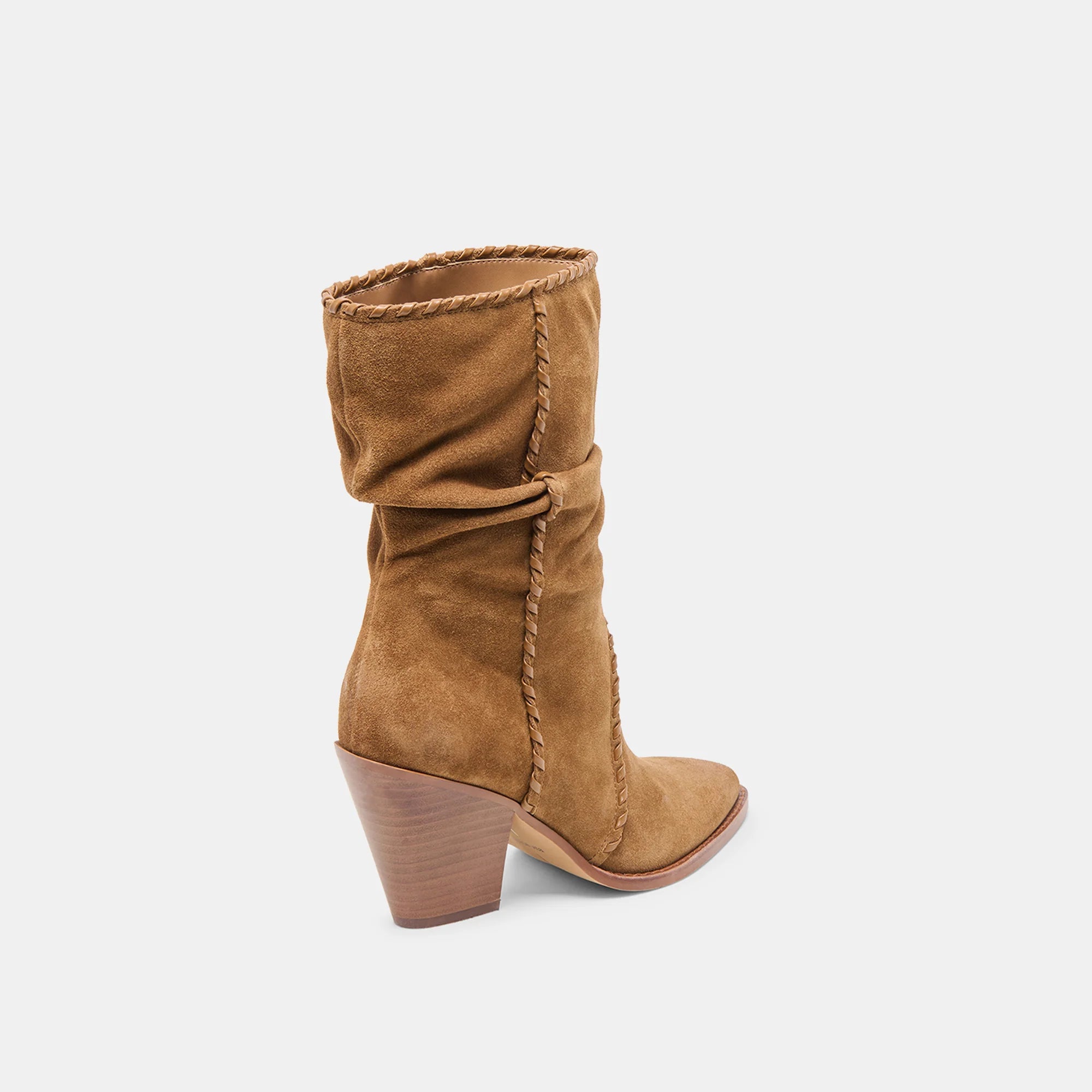 Brown suede boot with a wooden heel on a white background