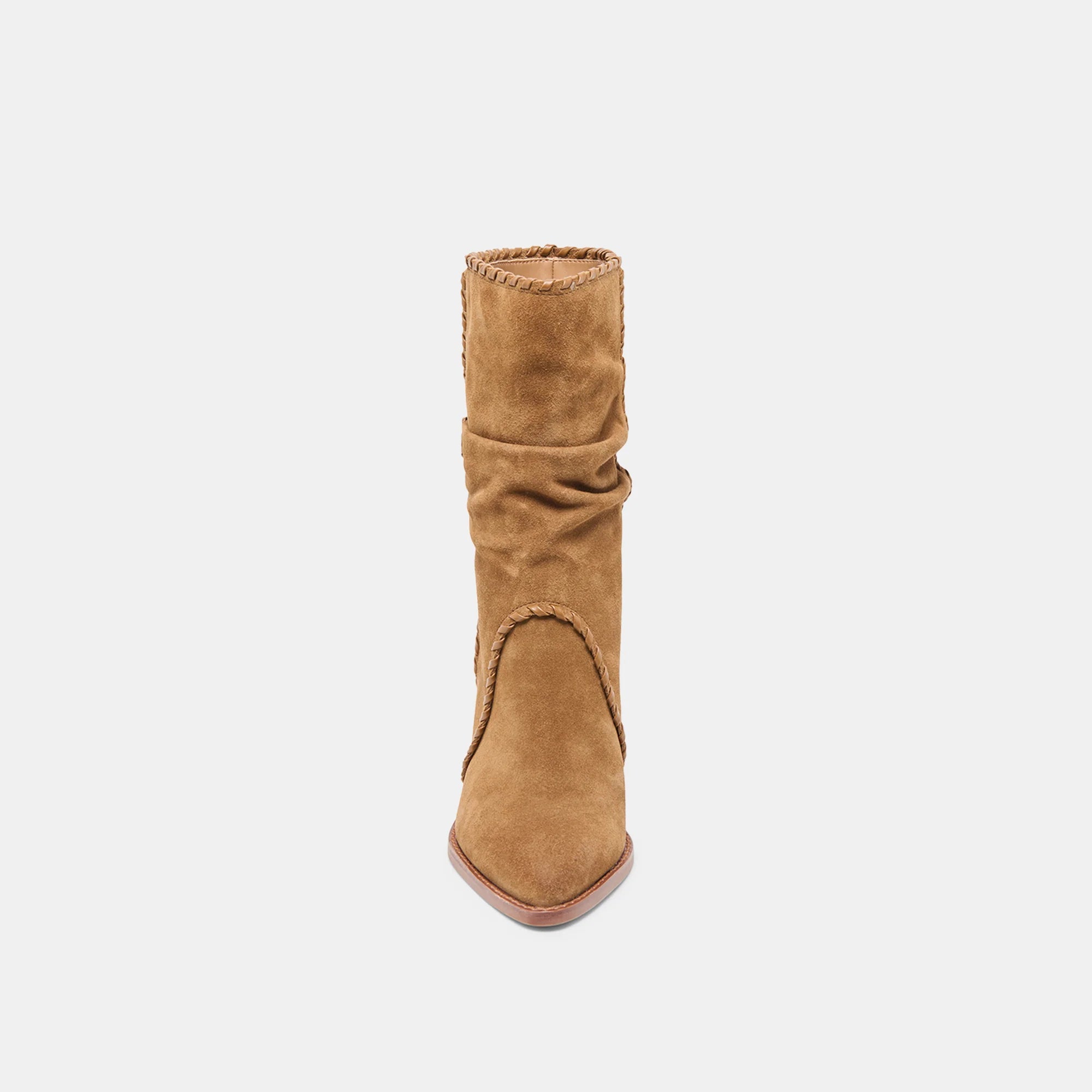 Tan suede boot on a white background