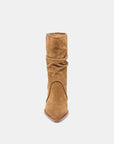 Tan suede boot on a white background