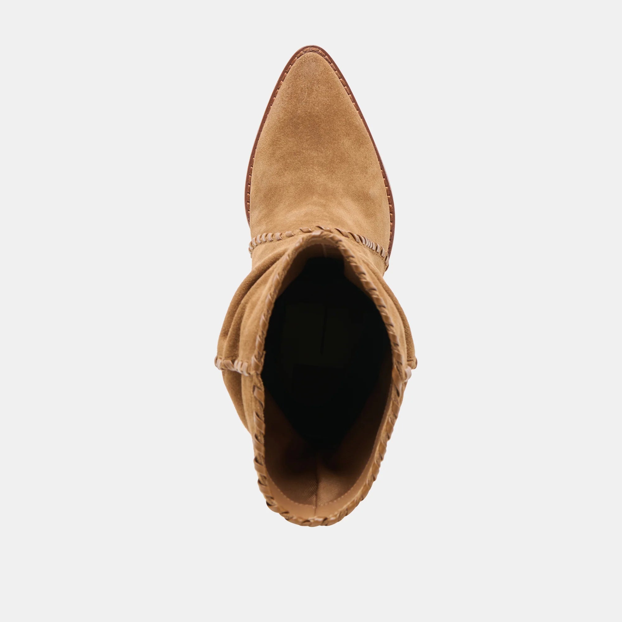 Tan suede boot on a light gray background
