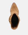 Tan suede boot on a light gray background