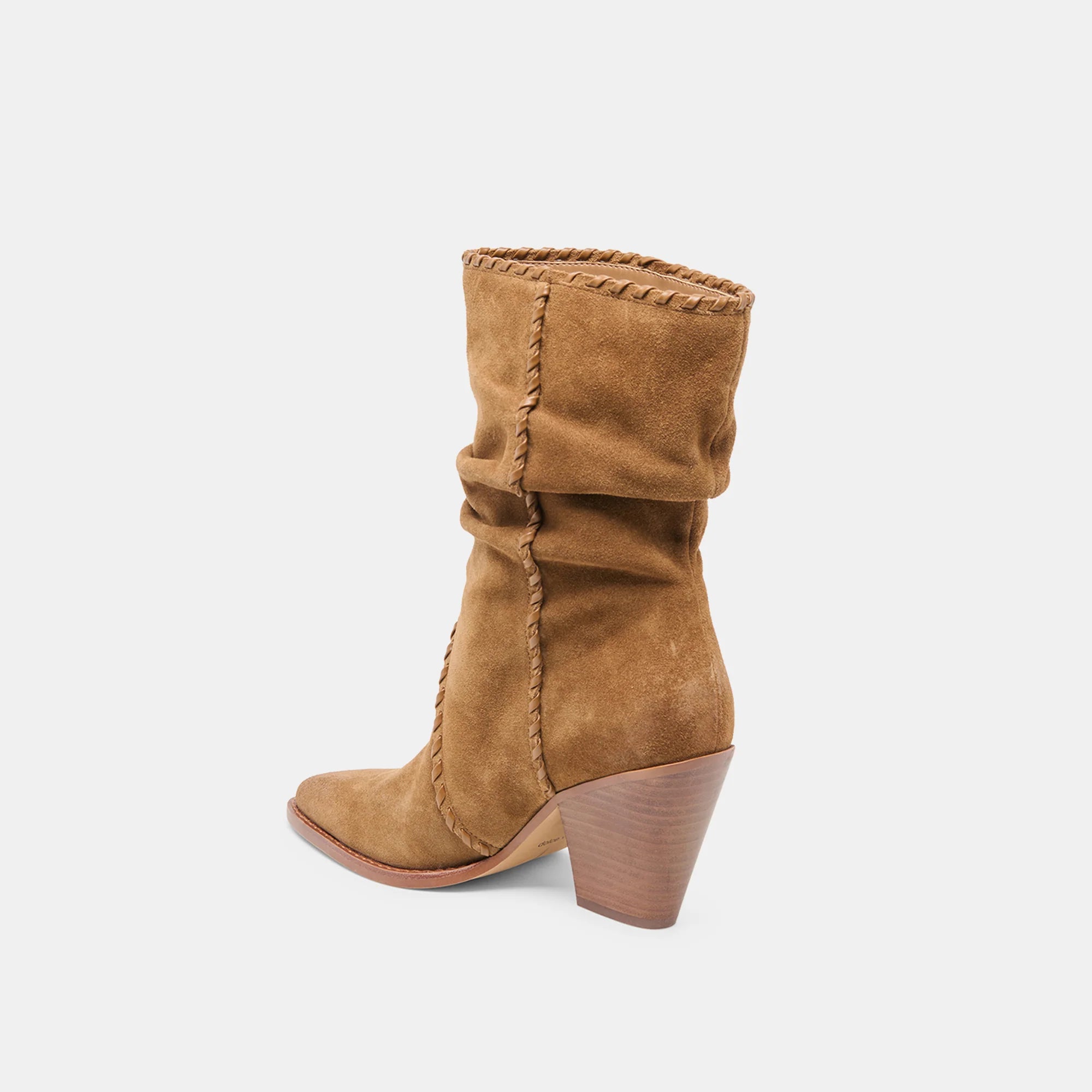 Brown suede boot on a white background