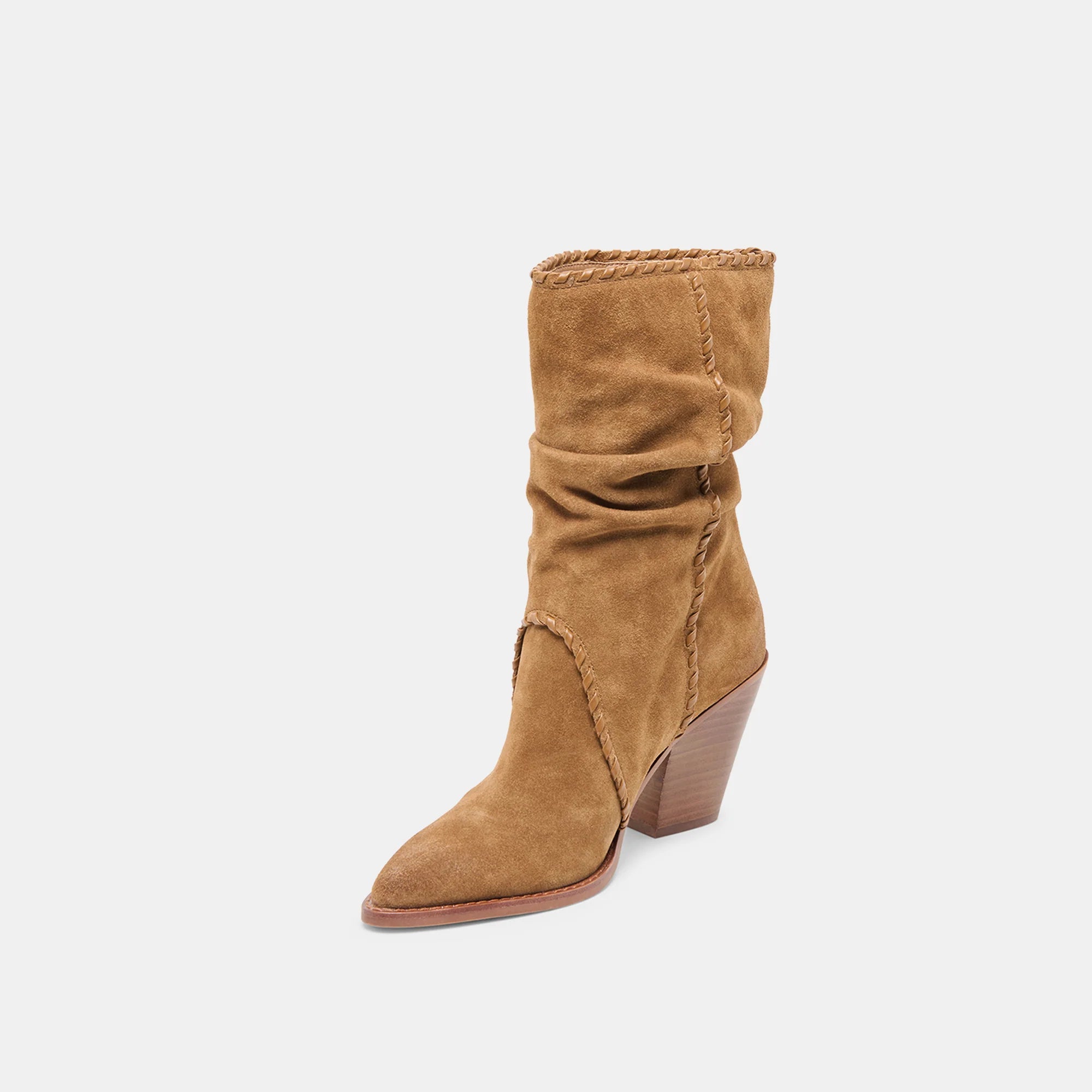 Tan suede boot on a white background