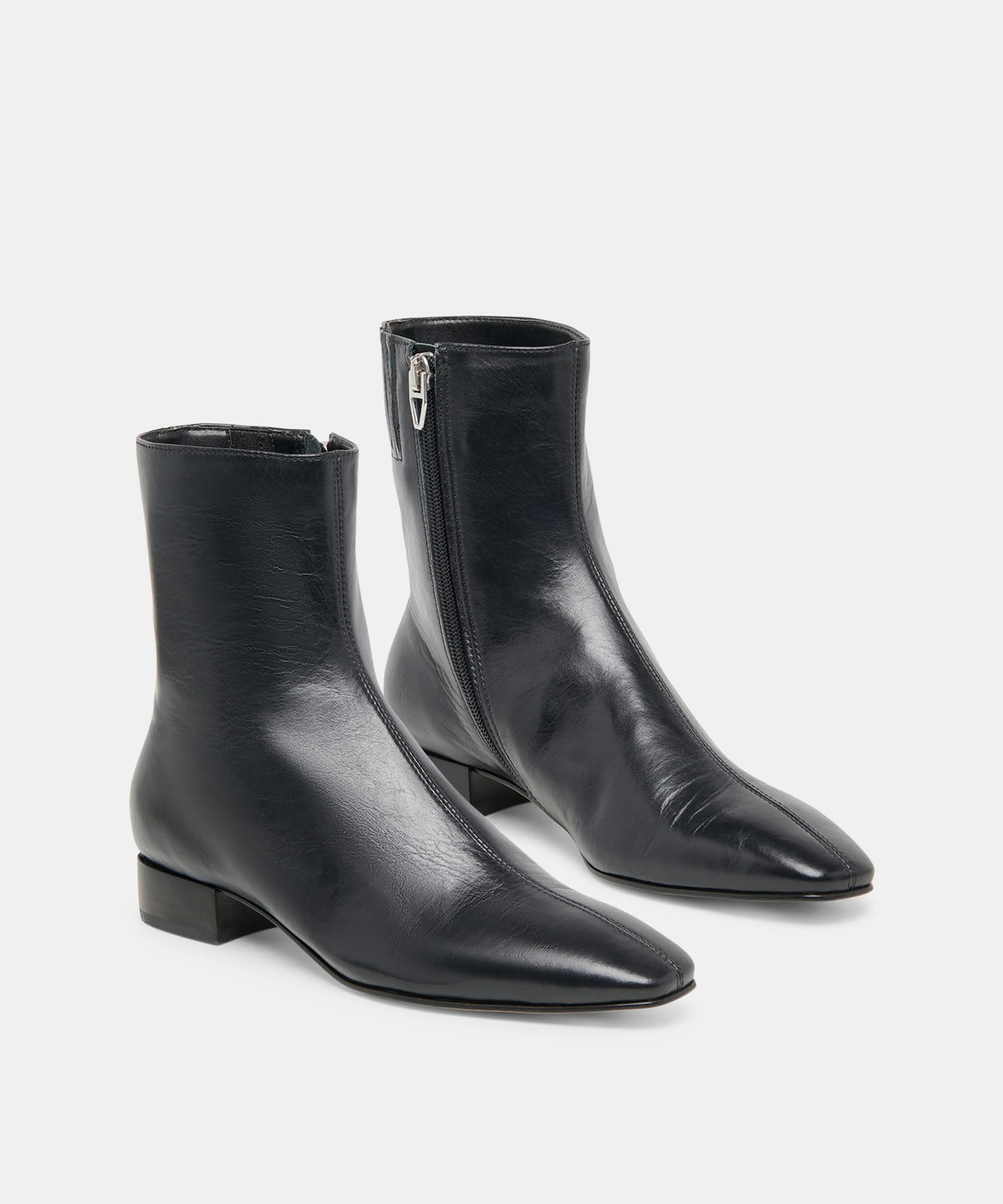 A pair of black leather ankle boots with pointed toes, low block heels, and side zippers, photographed on a clean light gray background.