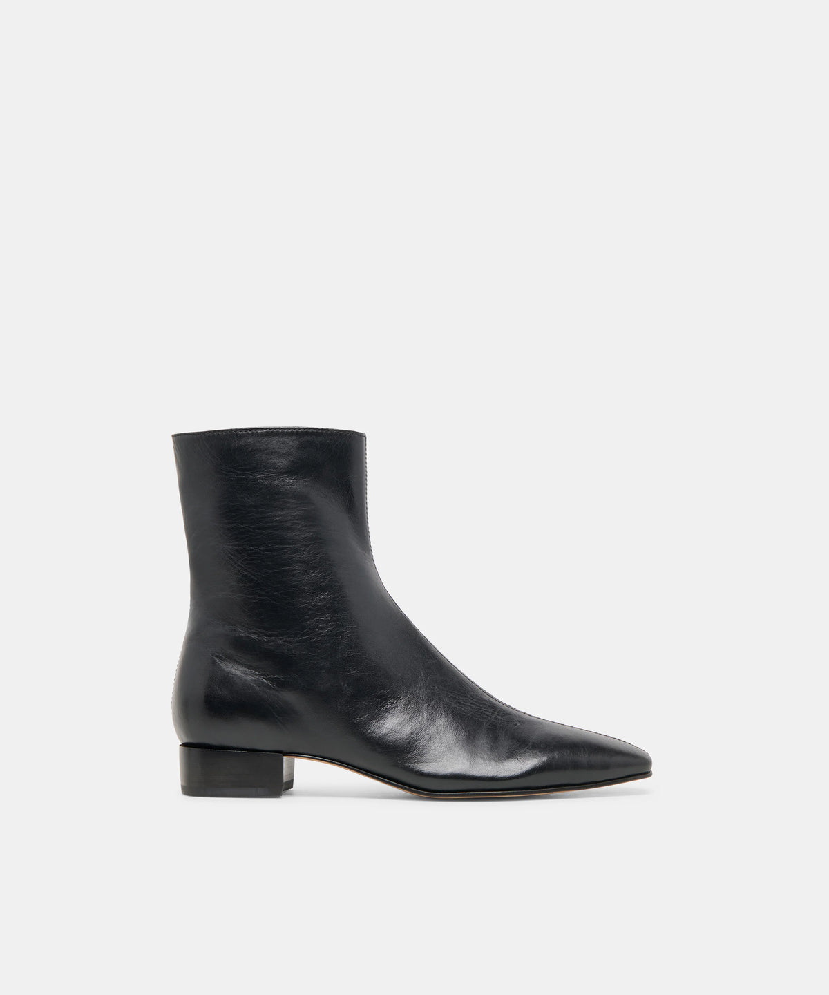 A black midi leather boot on a white background