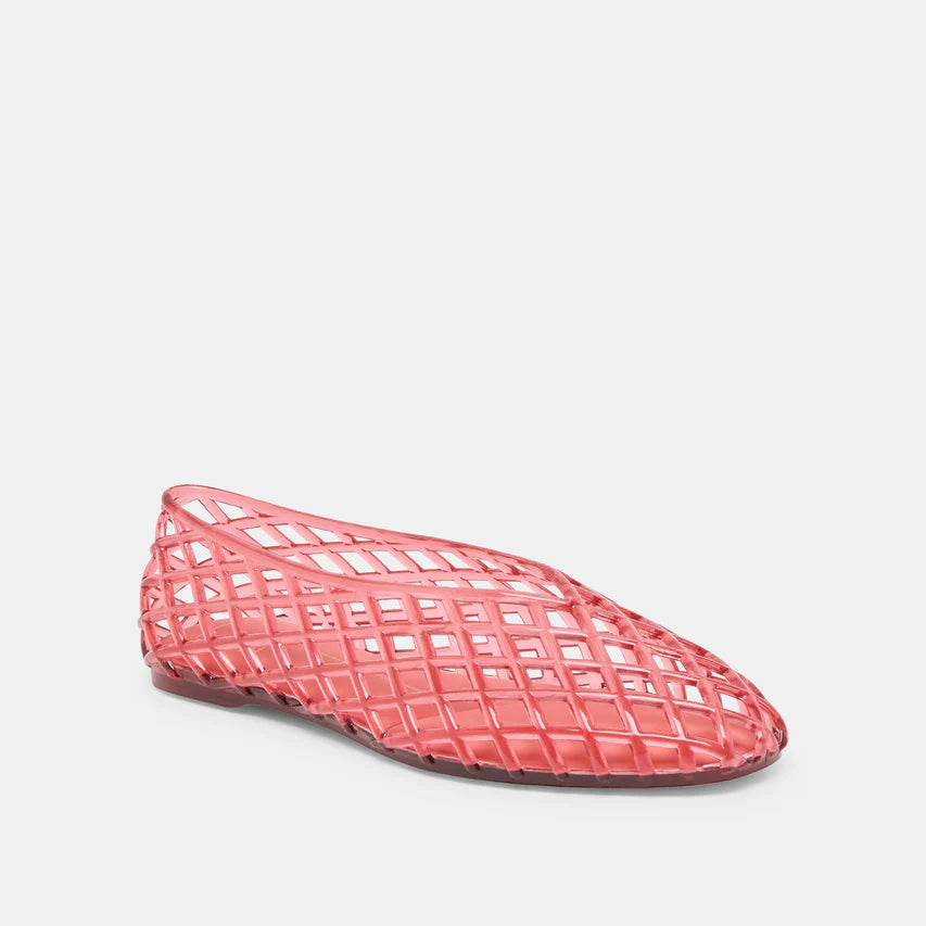 Pink woven flat shoe on a light gray background
