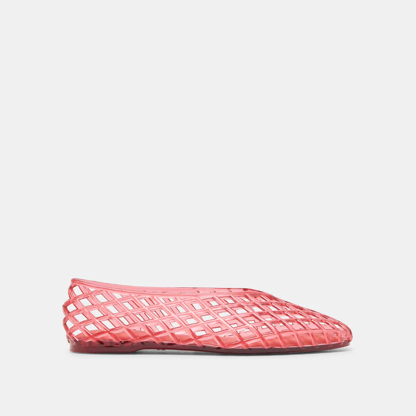 Pink woven flat shoe on a light gray background
