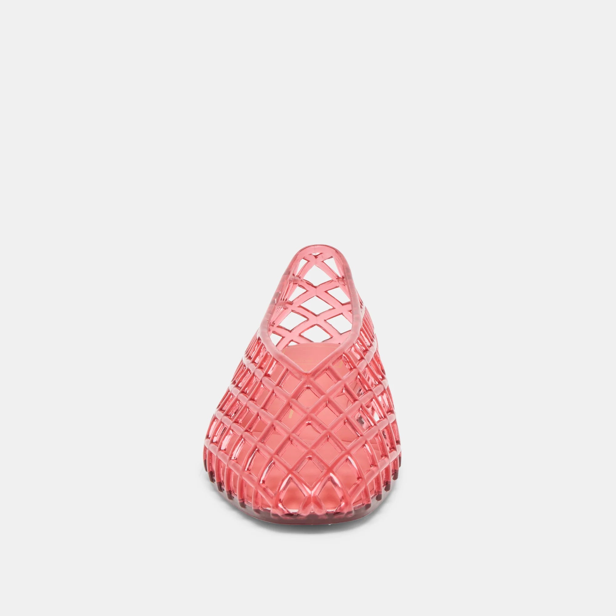 Pink woven cone-shaped object on a light gray background