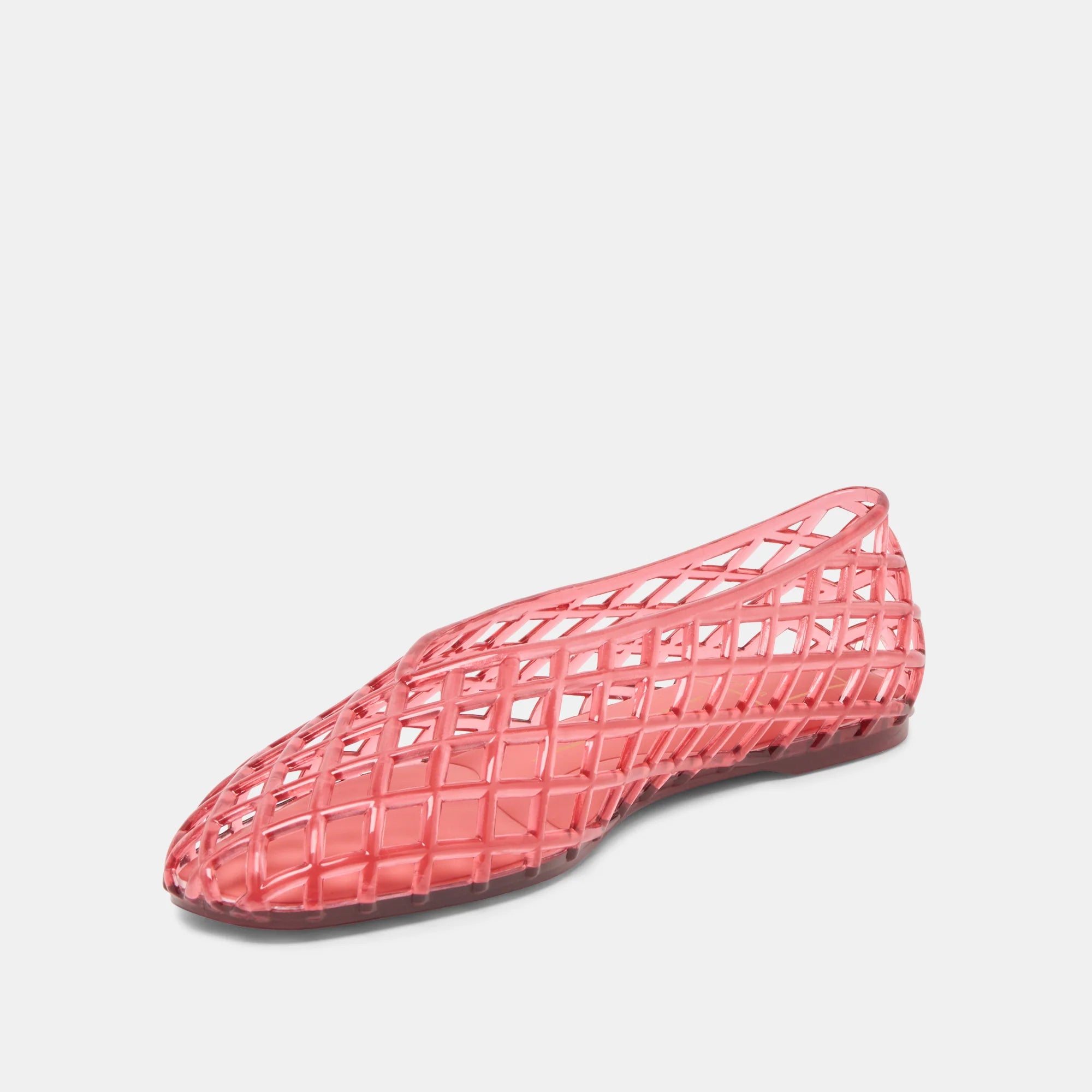 Pink woven flat shoe on a light gray background