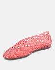 Pink woven flat shoe on a light gray background
