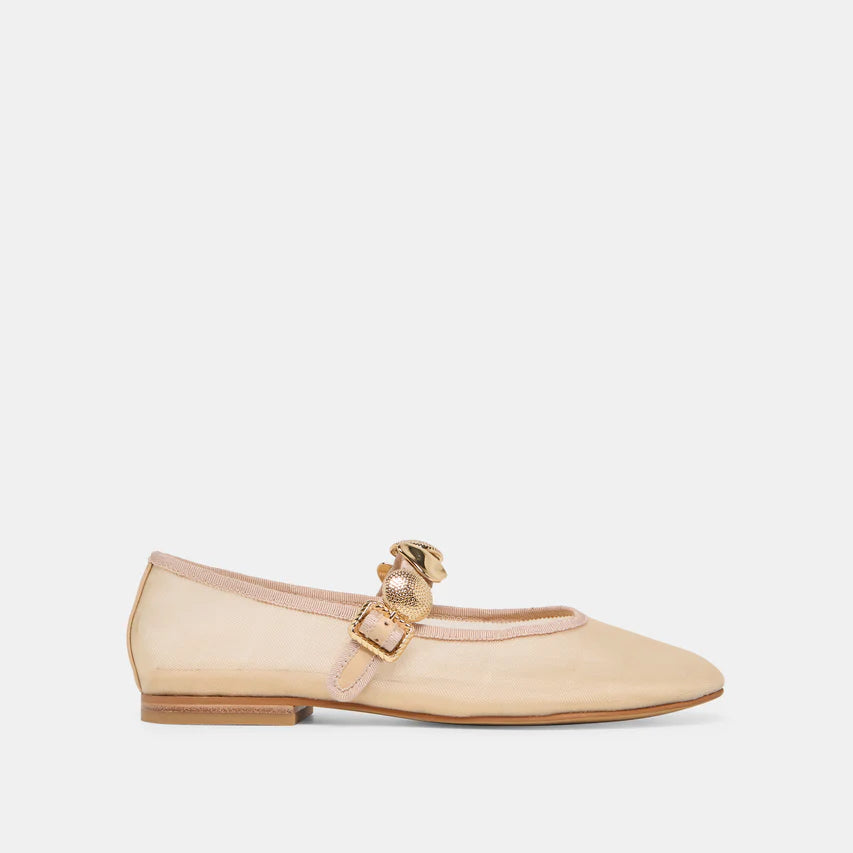 Beige flat shoe with a gold buckle on a white background