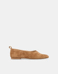 A single tan suede flat shoe with a pull tab, shown in profile against a light gray background.