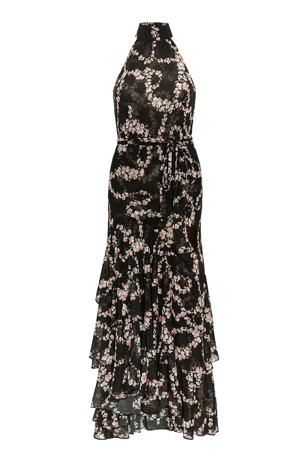 Black floral patterned dress on a white background
