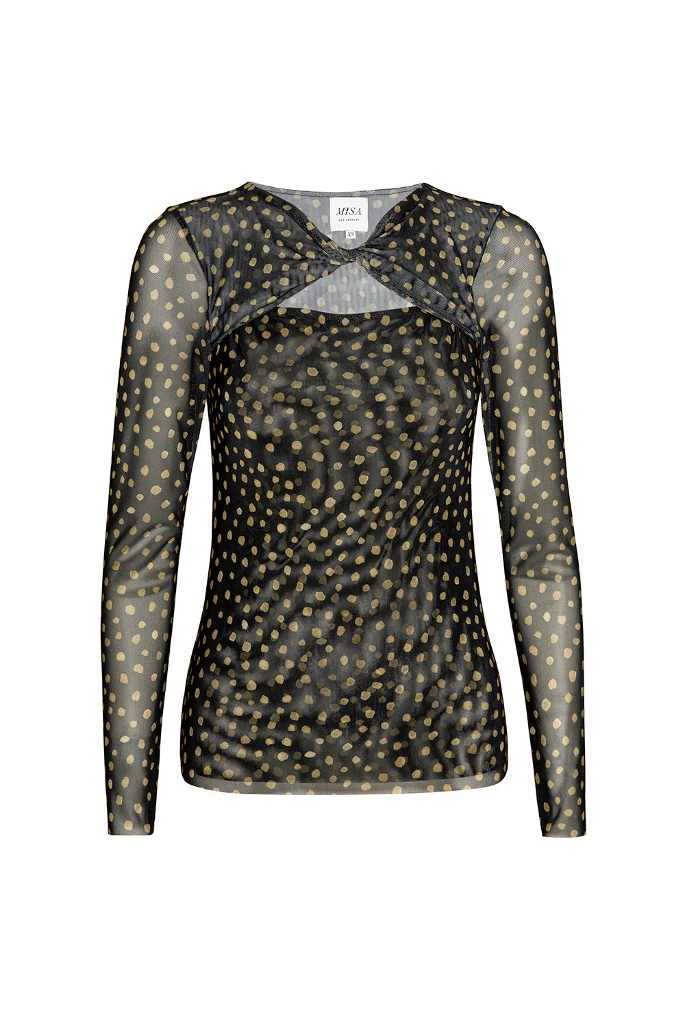 Sheer black top with gold polka dots on a white background