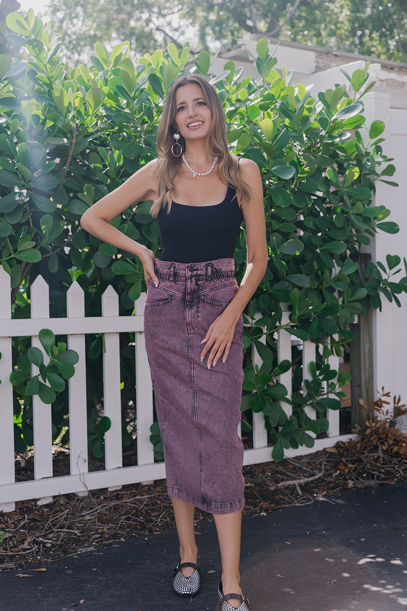 Essentiel Greatest Overdye Denim Midi Skirt front view