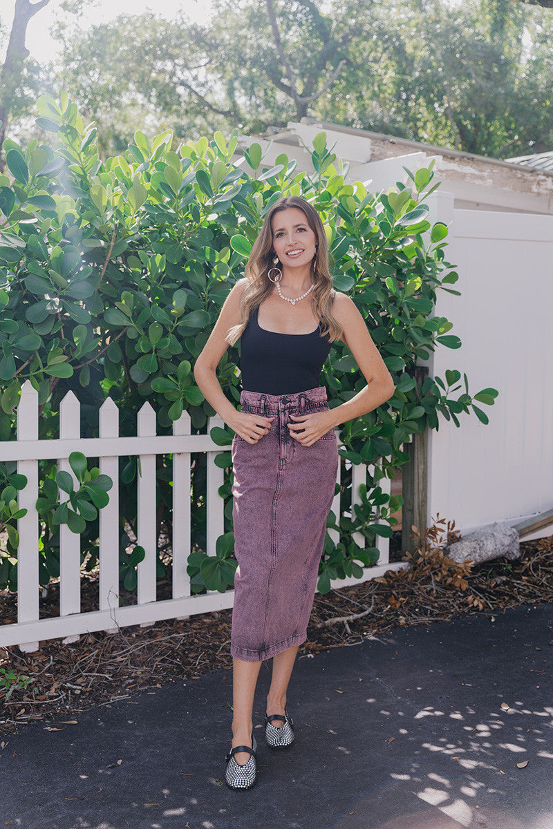 Essentiel Greatest Overdye Denim Midi Skirt full body front