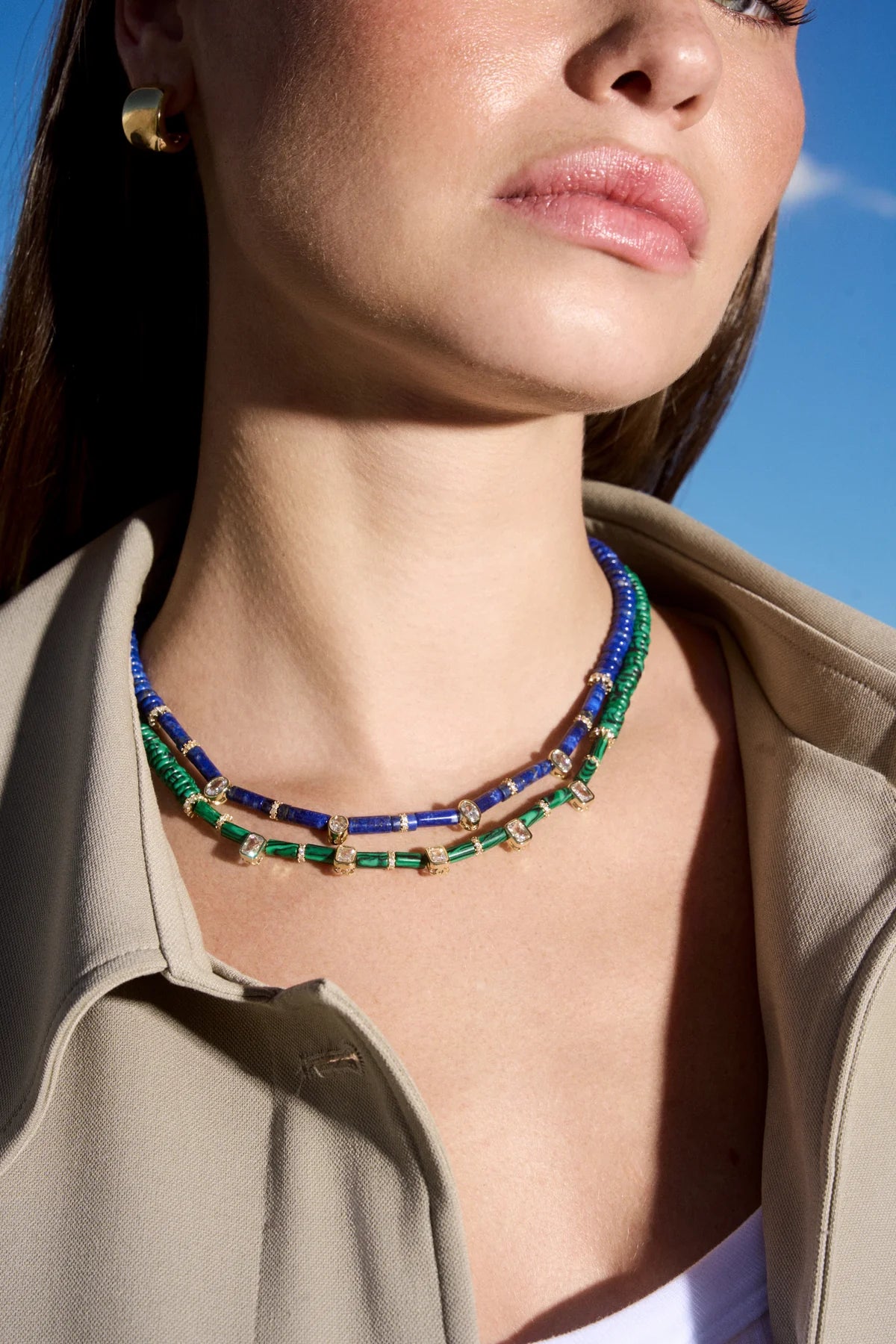 Lapis Lazuli Bead Necklace front view on model