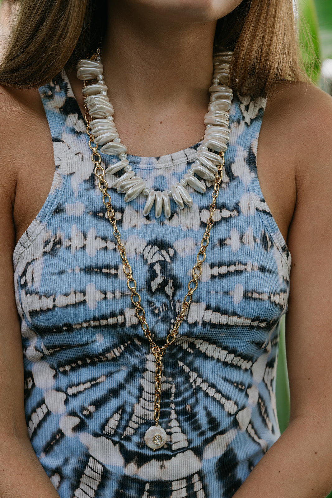 Iggy Rib Maxi Dress Cyan Nexus Wash close up detail view with necklaces 