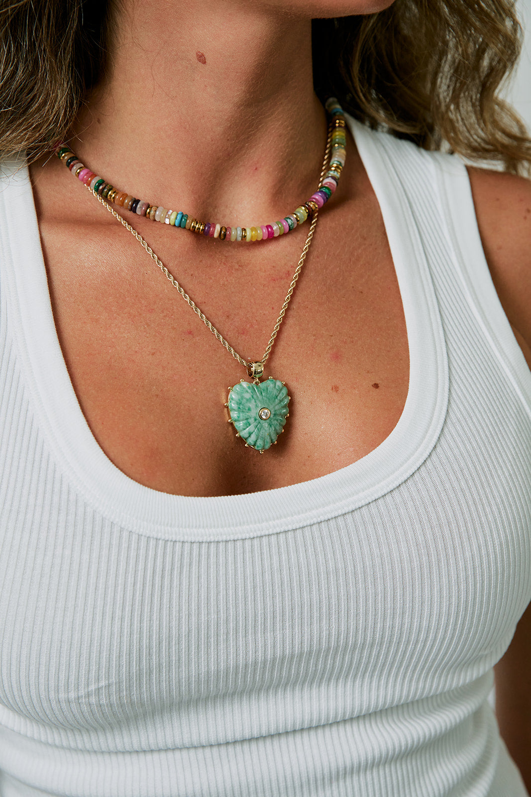 Iris Mixed Stone Beaded Necklace layered with heart necklace