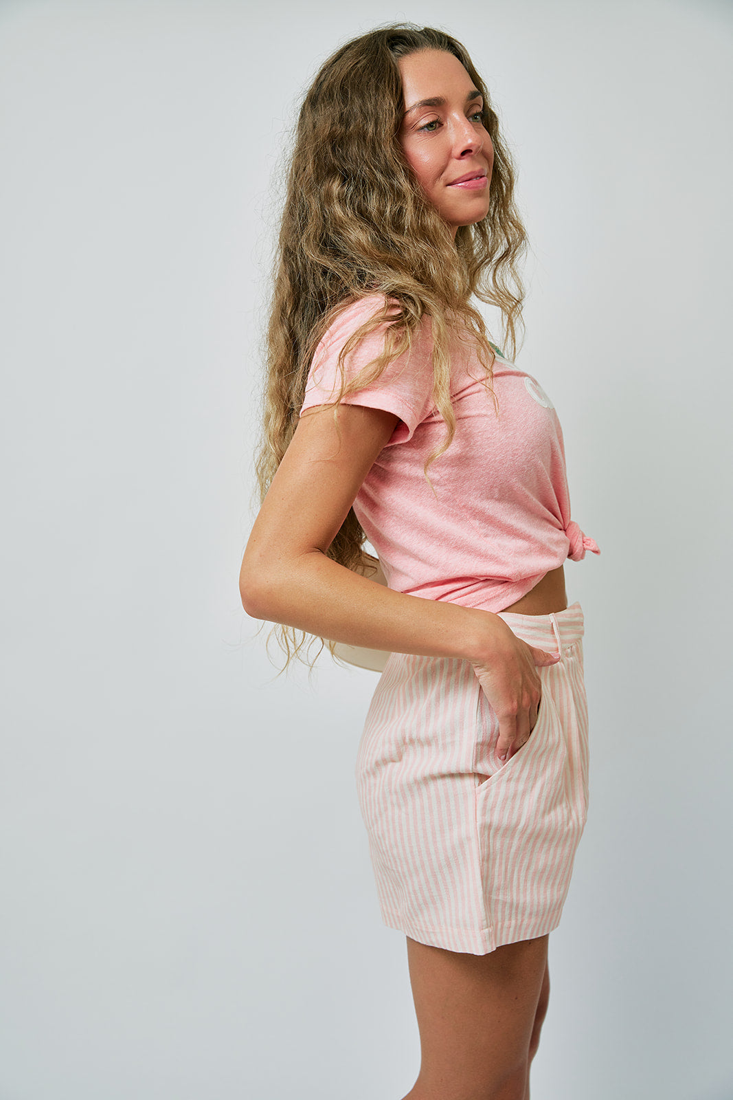 Malaga Stripe Shorts and The Boxy Goodie Goodie Short Sleeve Tee side view