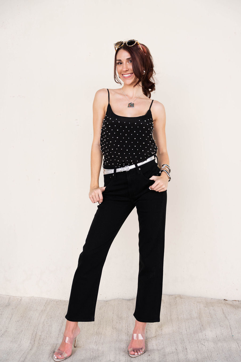 Chloe Beaded Top tucked in to jeans, full body front