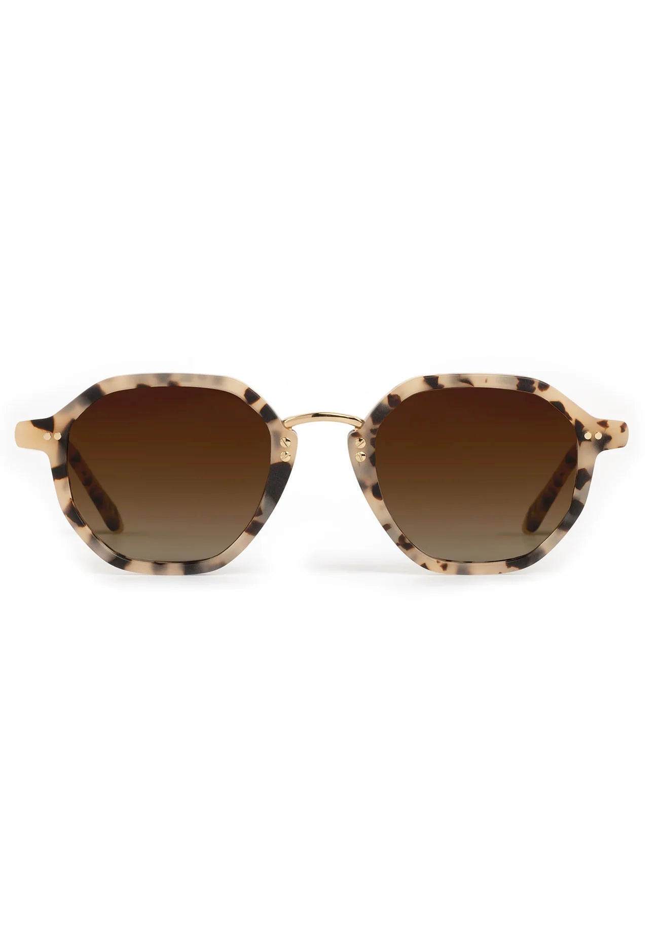 Sunglasses with tortoiseshell frame and brown lenses on a white background