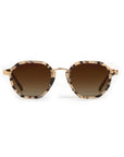 Sunglasses with tortoiseshell frame and brown lenses on a white background