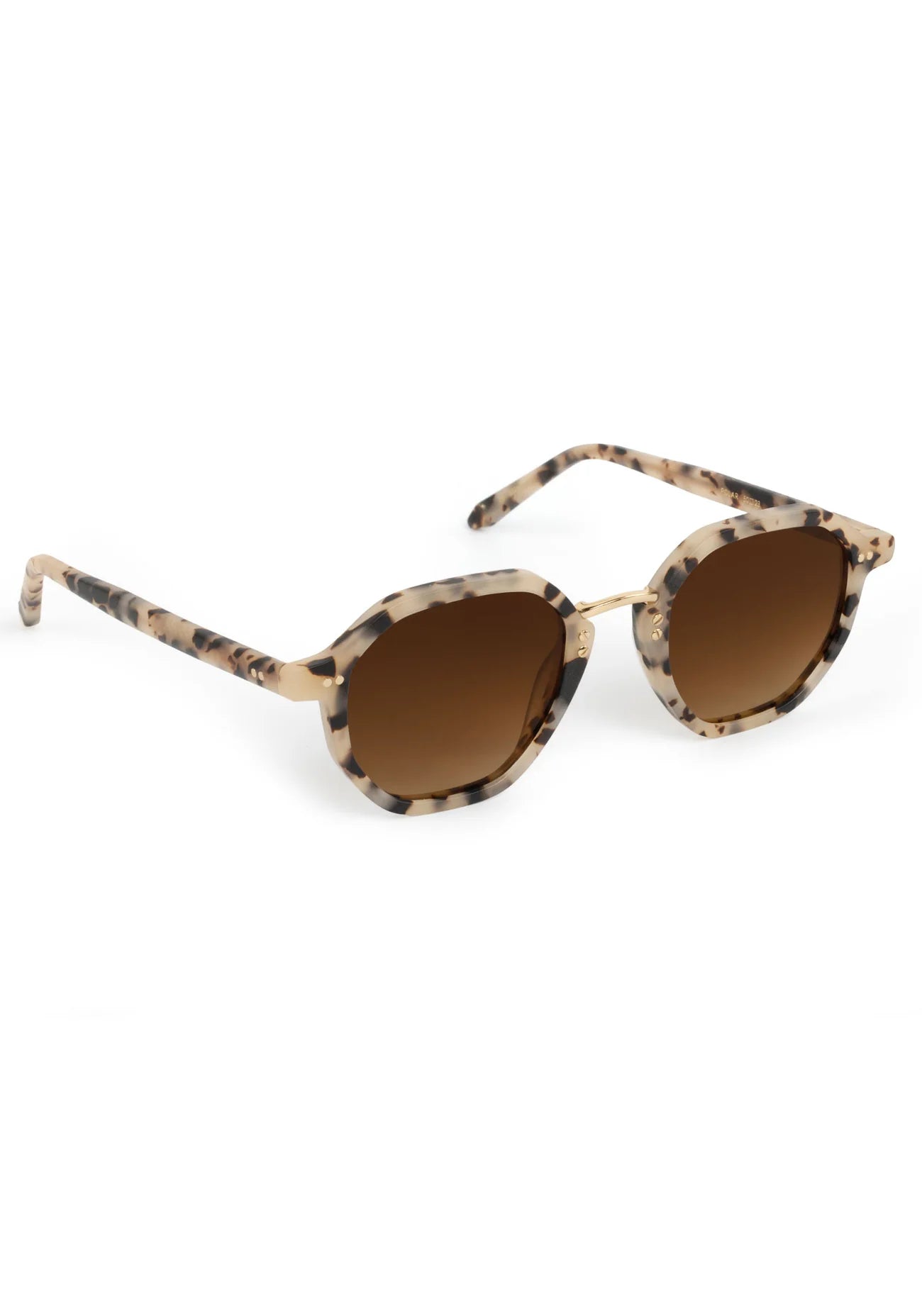 Sunglasses with gold frames and green lenses on a white background