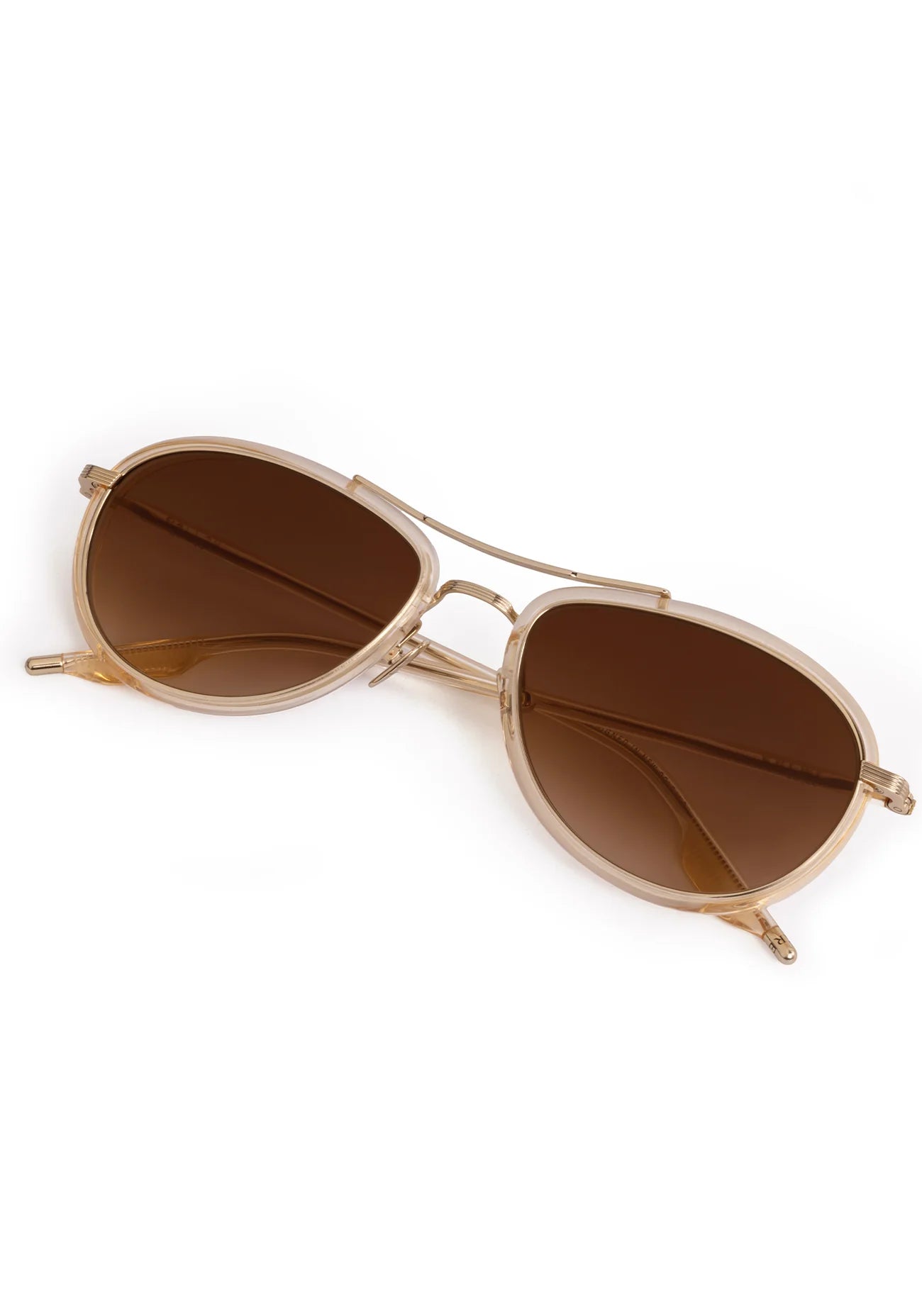 Gold-framed sunglasses with brown lenses on a white background