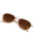 Gold-framed sunglasses with brown lenses on a white background