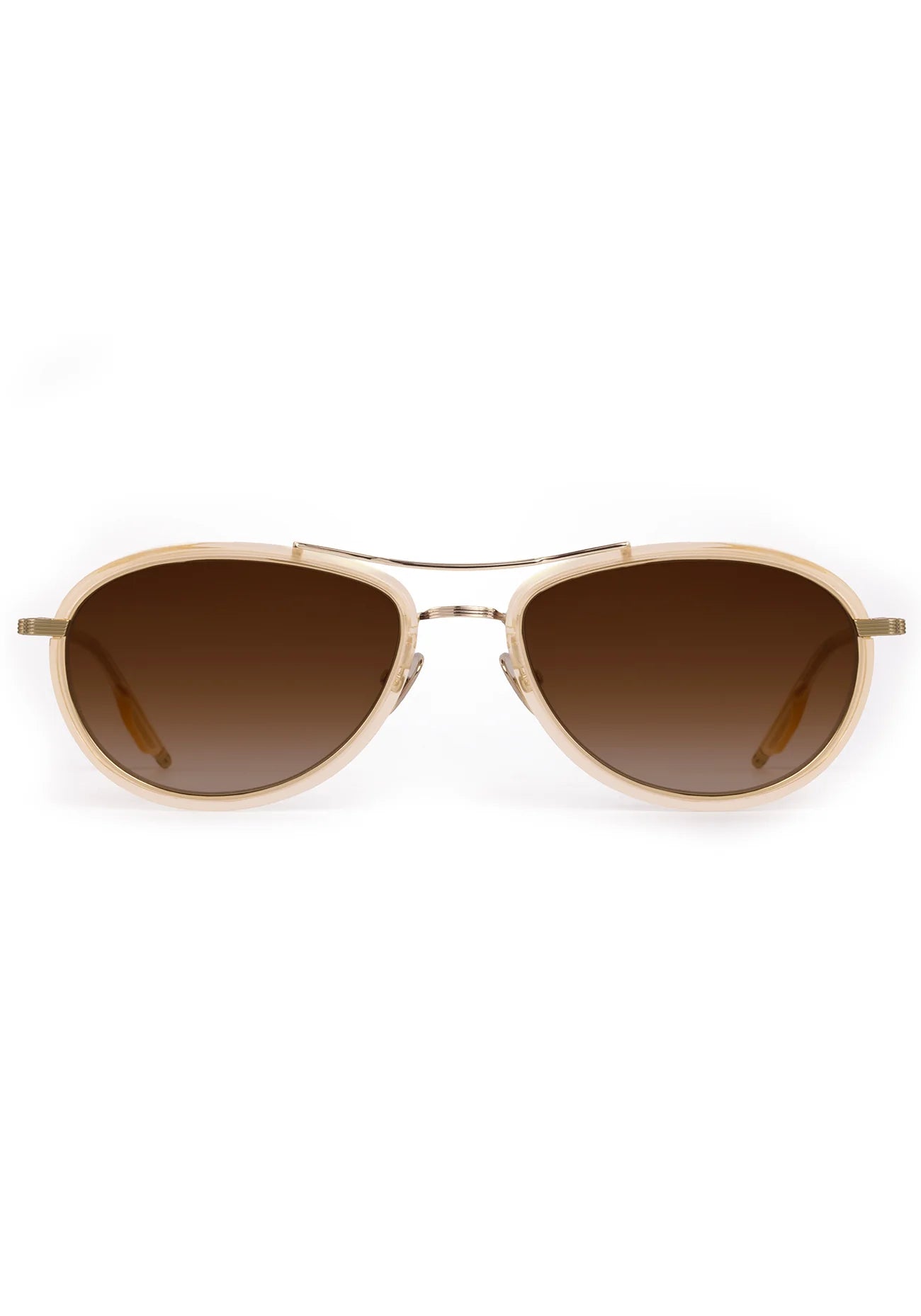 Gold-framed sunglasses with brown gradient lenses on a white background