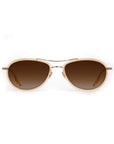 Gold-framed sunglasses with brown gradient lenses on a white background