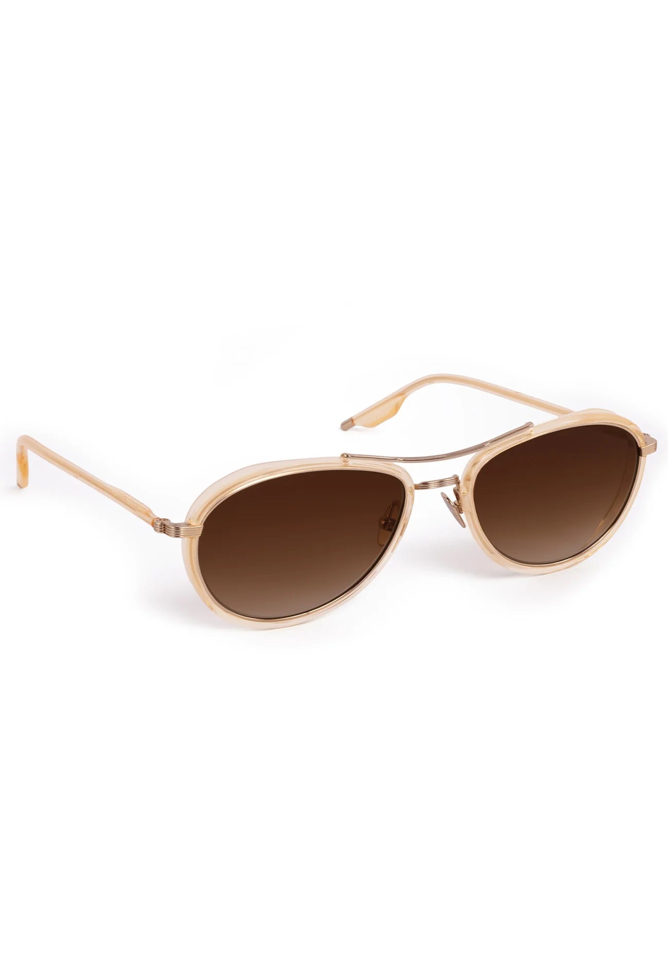 Gold-framed sunglasses with brown lenses on a white background