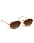 Gold-framed sunglasses with brown lenses on a white background