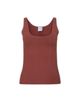 A rust-colored ribbed tank top with a scoop neckline, displayed flat against a solid white background.