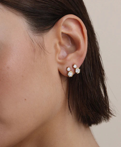 Diamond Hexagon Drop Earrings on ear
