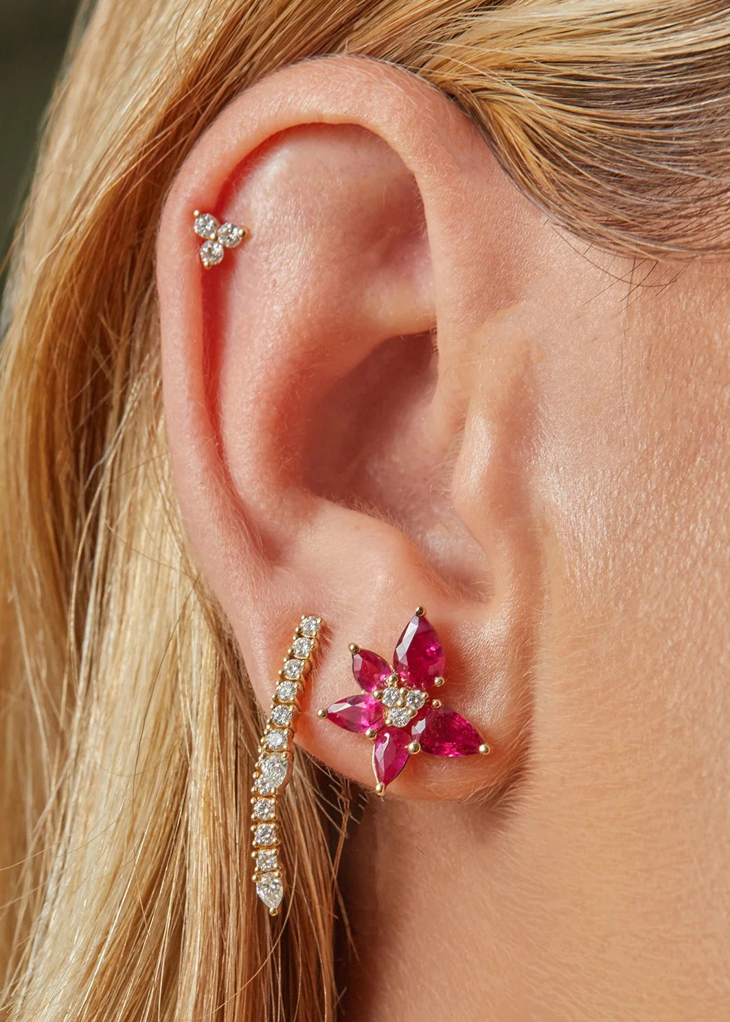 Single Diamond Teardrop Fringe Earring with flower earrings